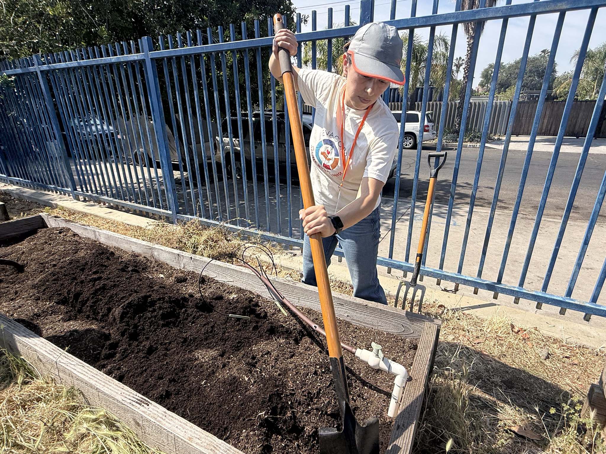 Photo of team member Alex turning soil at community garden