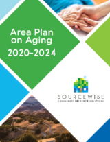 Cover sheet for Area Plan on Aging 2020-2024, in partnership with Sourcewise Community Resource Solutions. It contains an image of a young person holding an older person's hand and an image of hilly, desert terrain