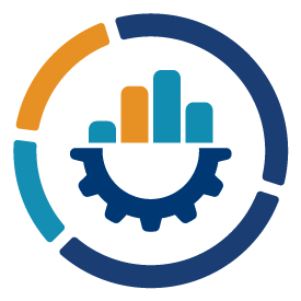 Decorative icon with a gear and bar graph that represents data utility assessment and planning services