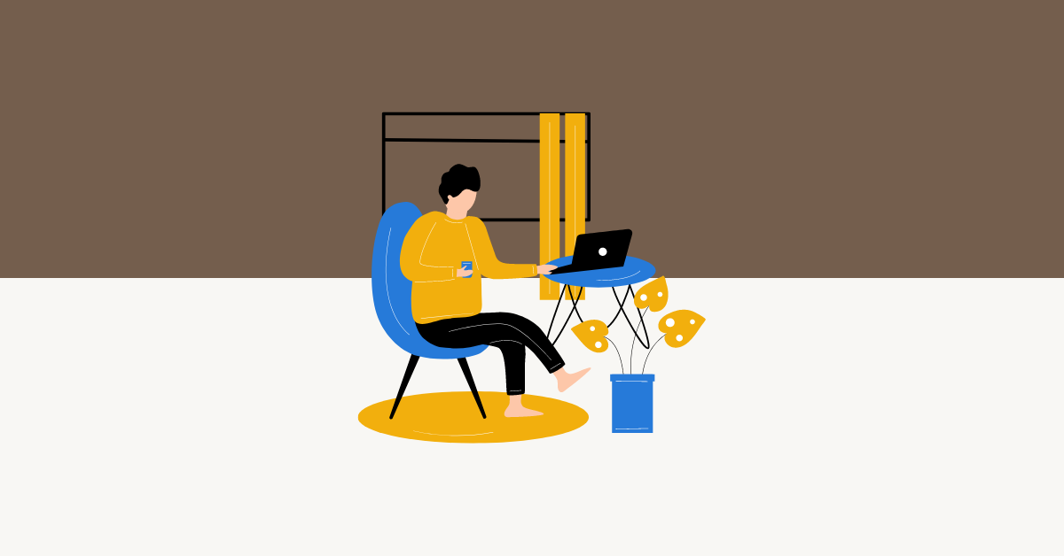 Illustration of a human figure wearing black pants and a mustard colored sweater sitting in a blue chair holding a a cup in one hand and using a black laptop computer in the left hand, which sits on blue table next to a blue vase containing a mustard colored plant. The background implies a brown wall with a window that has mustard colored drapes, and a white floor with a circular mustard colored rug below the chair