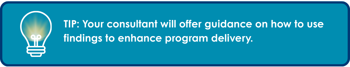 Image with a lightbulb that reads: "TIP: Your consultant will offer guidance on how to use findings to enhance program delivery."