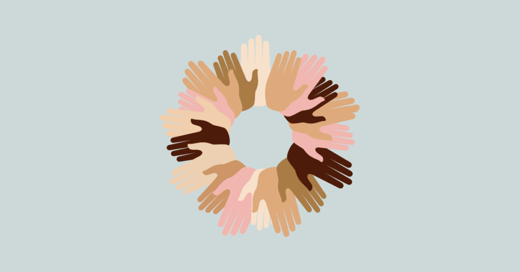 Illustration of human hands in various colors overlapping each other in a circle pattern on a blue-gray background