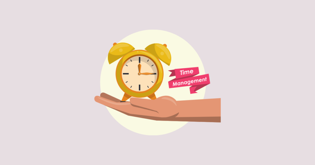 Illustration of a profile of a hand with outstretched palm holding a bell clock with the words 'Time Management' set on a reddish colored floating ribbon, all set upon a light colored circular background which is set upon a pale mauve background
