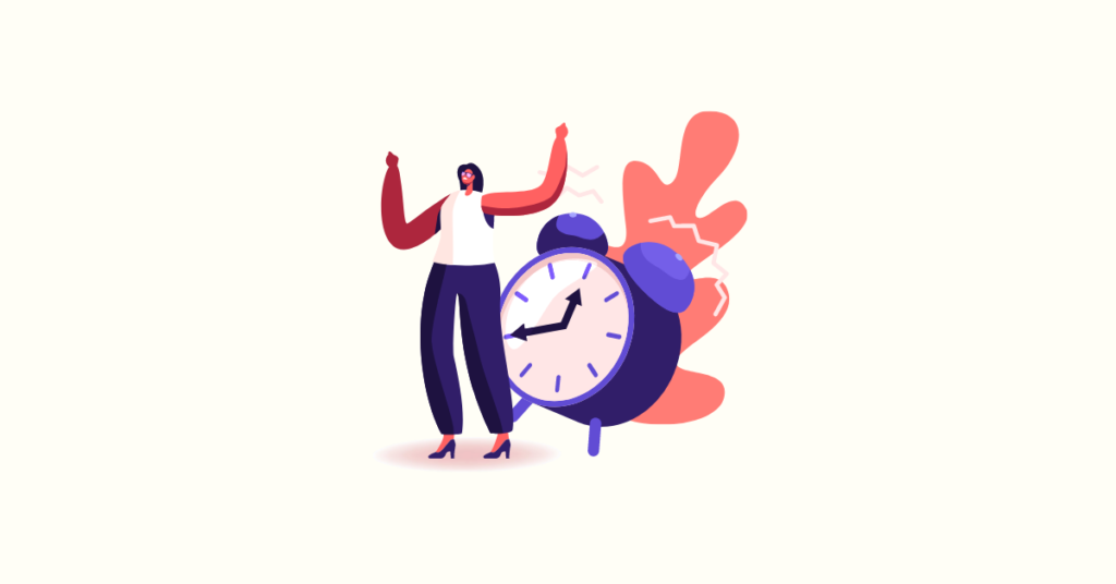 Abstract illustration of a business woman holding arms up triumphantly in front of a similarly sized ringing bell alarm clock; implies successful time management
