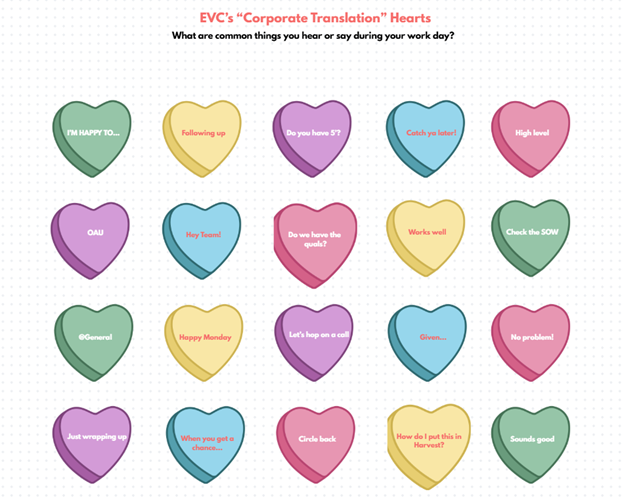 Image of different colored candy hearts with "Corporate Translation" sayings like "Check the SOW", "Following up", and "Let's hop on a call"